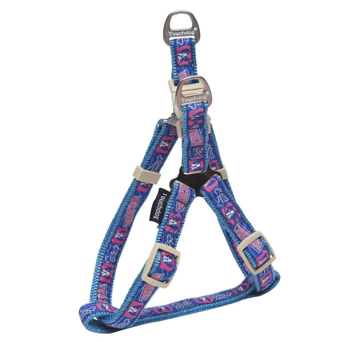 Touchdog blue adjustable dog harness with bone pattern and metal buckles