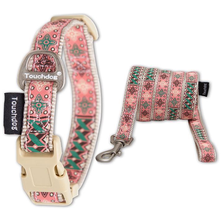 Touchdog patterned dog collar and leash set with embroidered pink and green bands
