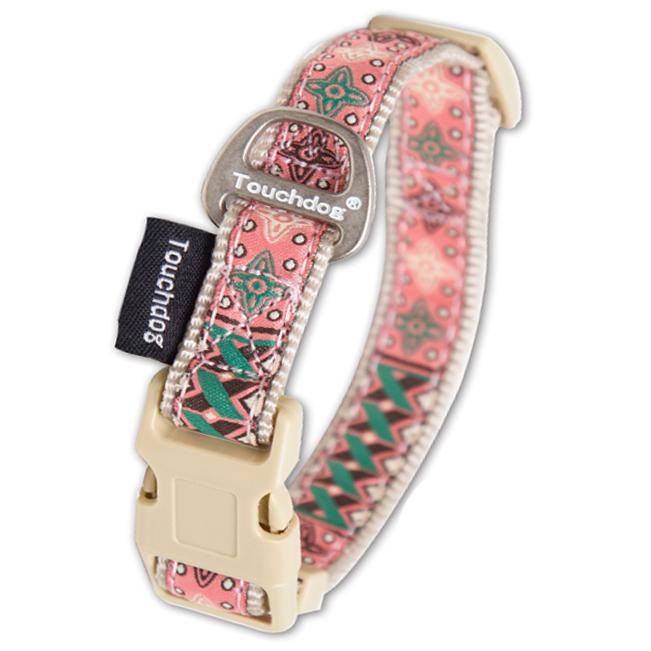 Touchdog dog collar with pink and green geometric embroidery and a beige plastic buckle