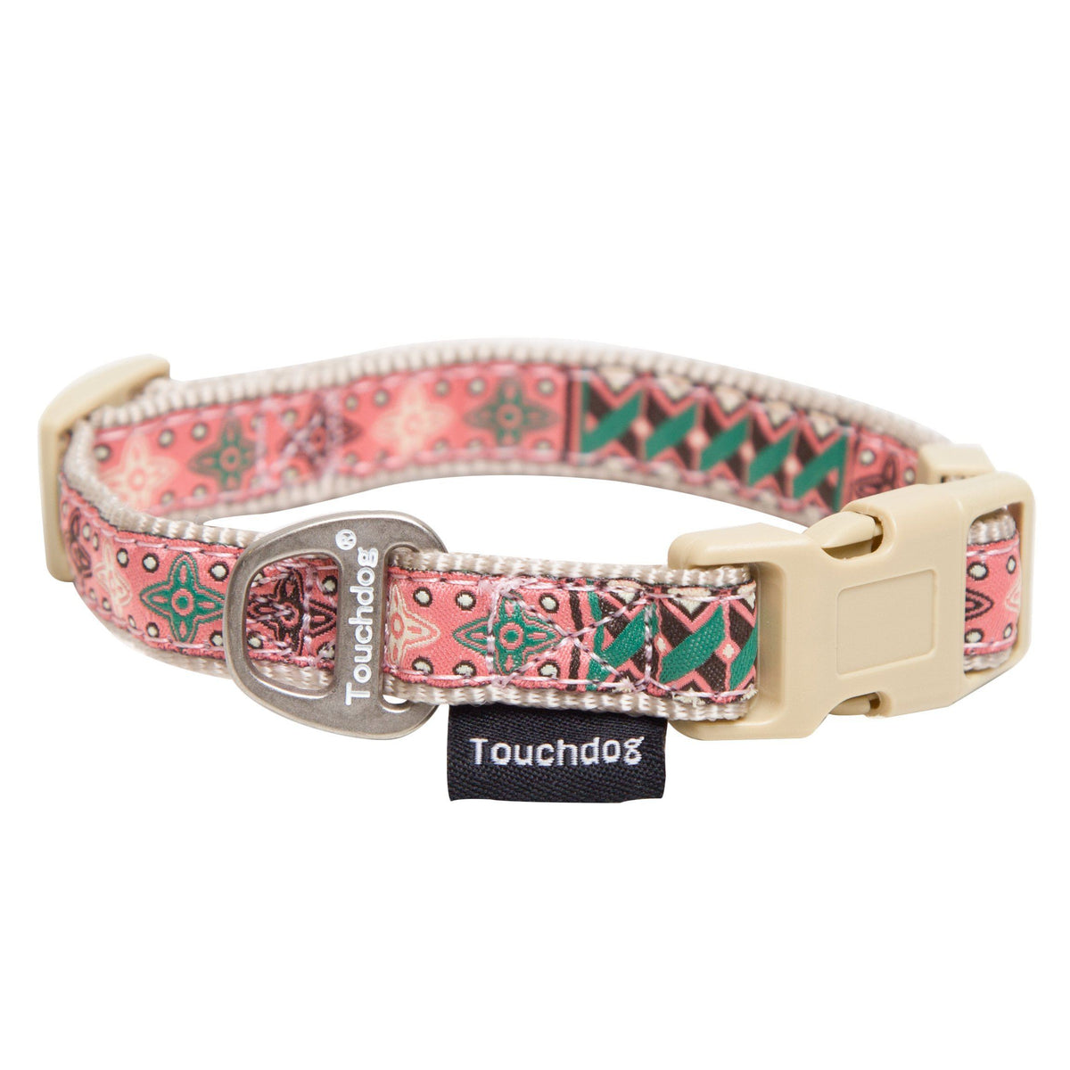 Touchdog embroidered dog collar with pink and green patterns, metal ring, and beige buckle