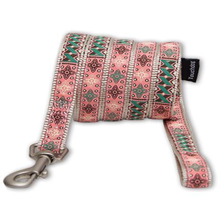 Patterned dog leash with pink and green embroidered bands and a metal clip