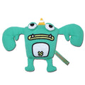 Touchdog green plush monster dog toy with wide claws, bulging eyes, striped horn and embroidered face