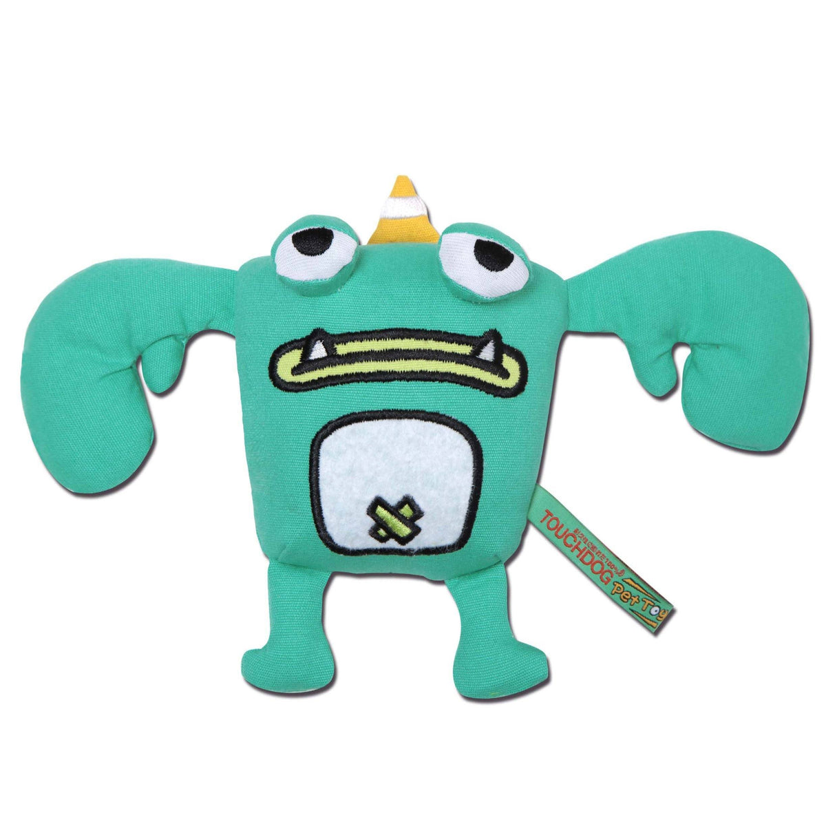 Touchdog green plush monster dog toy with wide claws, bulging eyes, striped horn and embroidered face