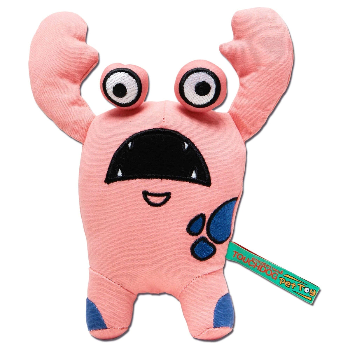Touchdog pink monster plush dog toy with raised claws, bulging eyes, and embroidered face