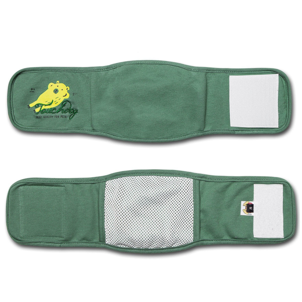 Touchdog green dog compression sleeve shown flat, with hook-and-loop tabs and mesh lining