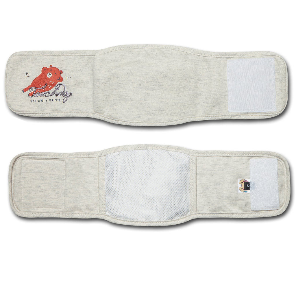 Touchdog white dog compression sleeve shown flat, with hook-and-loop tabs and mesh lining