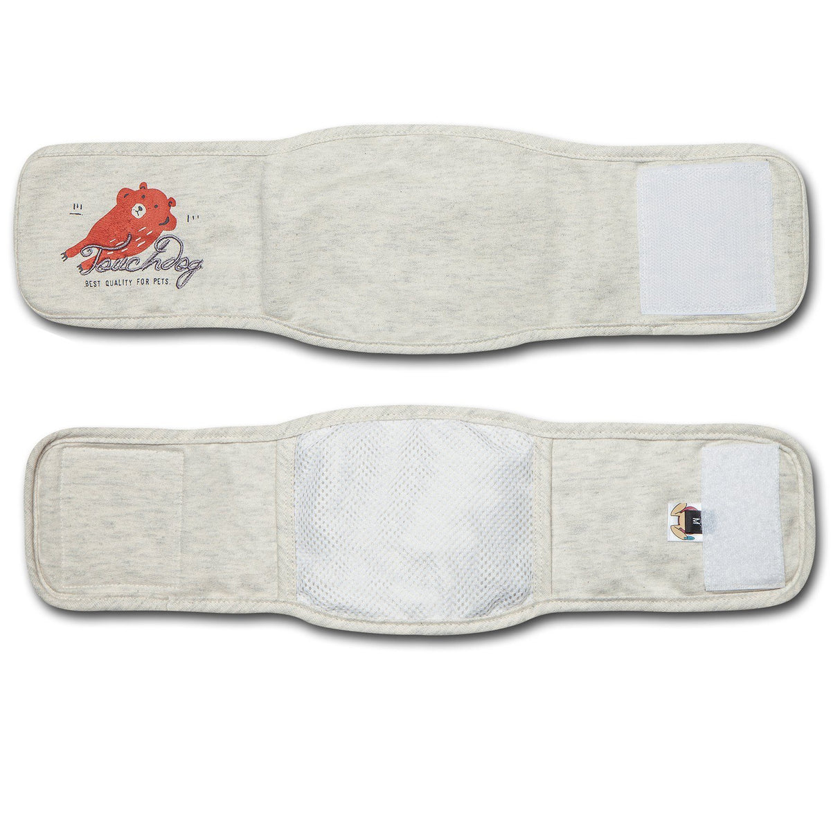 Touchdog white dog compression sleeve shown flat, with hook-and-loop tabs and mesh lining
