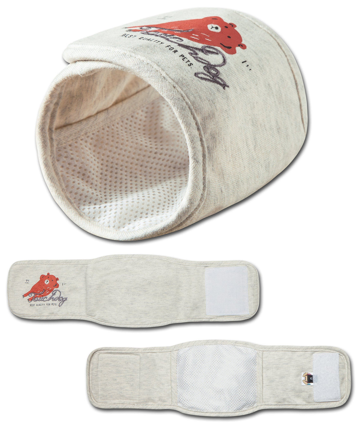 Touchdog white dog compression sleeve with printed dog graphic and mesh lining, shown folded and flat