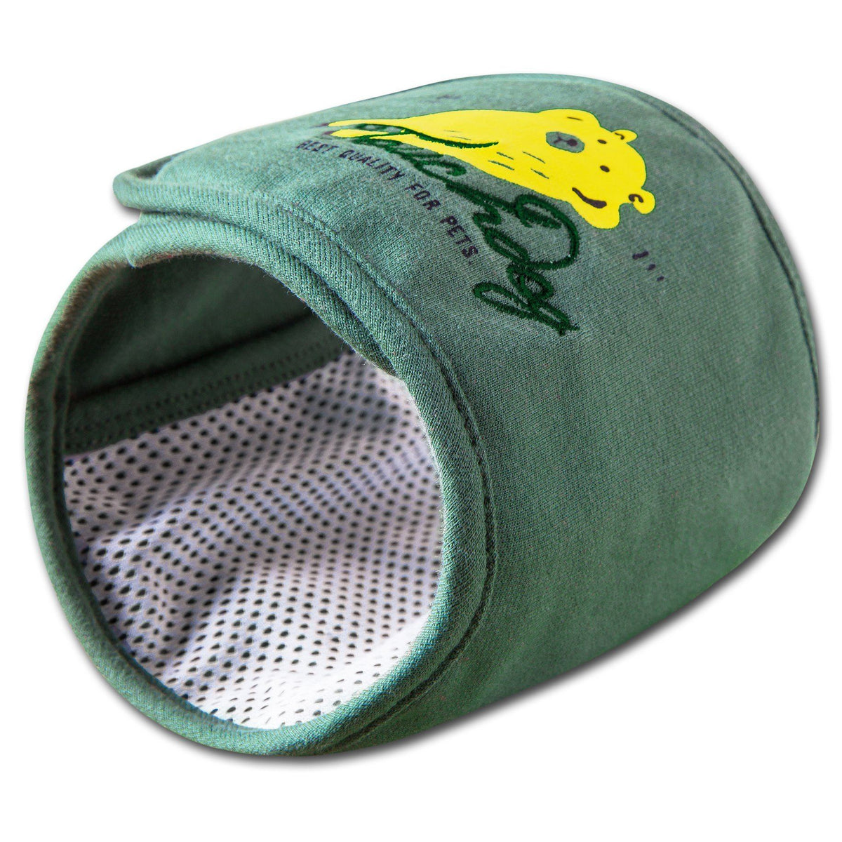 Touchdog green dog compression sleeve with rounded opening, mesh lining and printed dog graphic