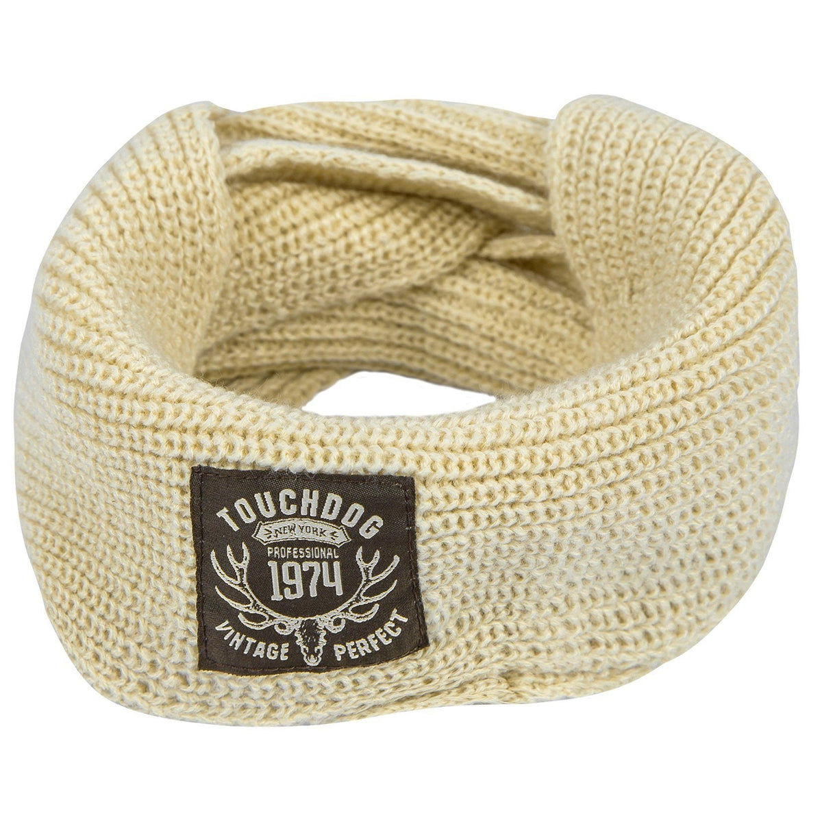 Touchdog knitted dog scarf in cream with a woven logo patch.