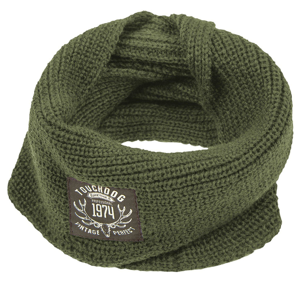 Touchdog olive green knitted dog scarf with a woven logo patch