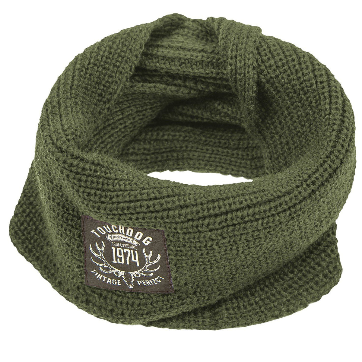 Touchdog olive green knitted dog scarf with a woven logo patch