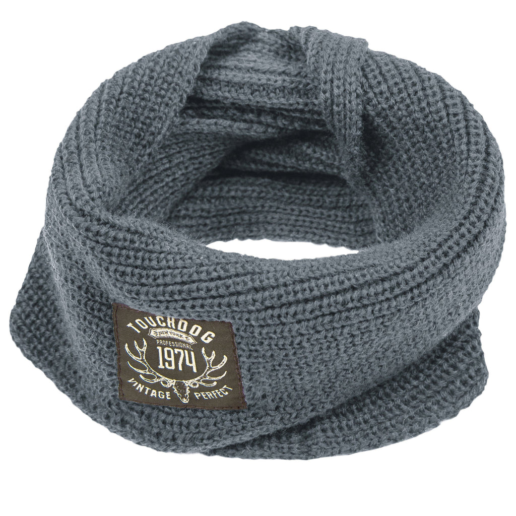 Touchdog knitted dog scarf in charcoal gray with a woven logo patch.