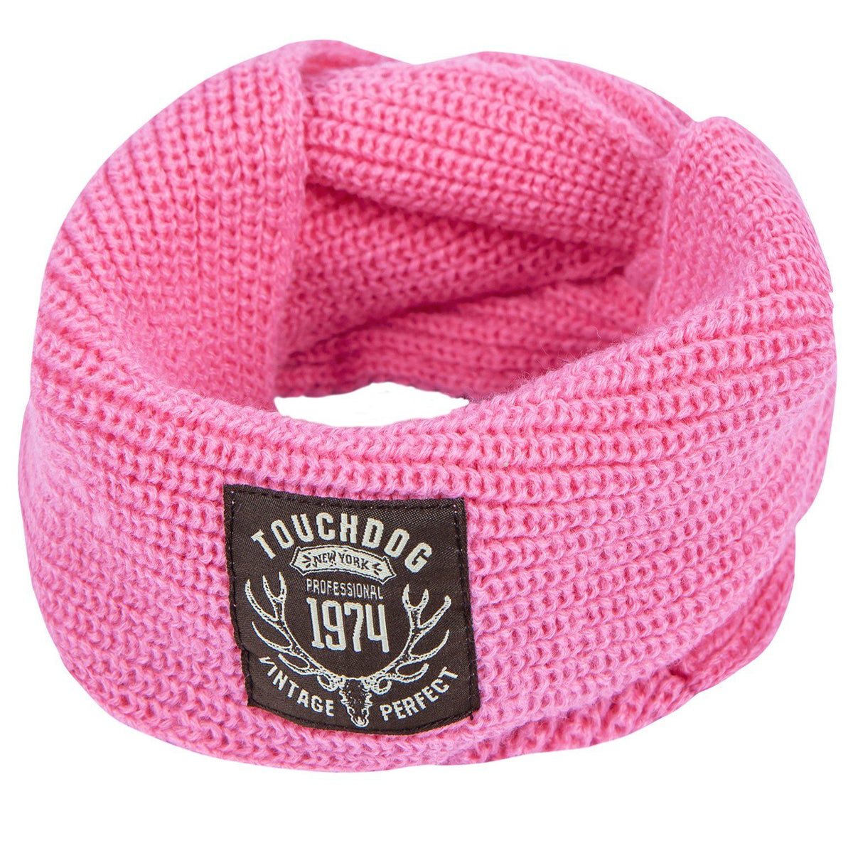 Touchdog knitted dog scarf in bright pink with a woven logo patch.