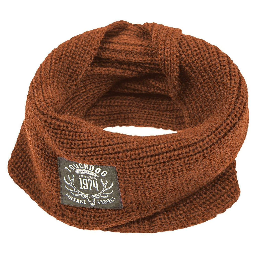 Touchdog brown knitted dog scarf with a woven logo patch