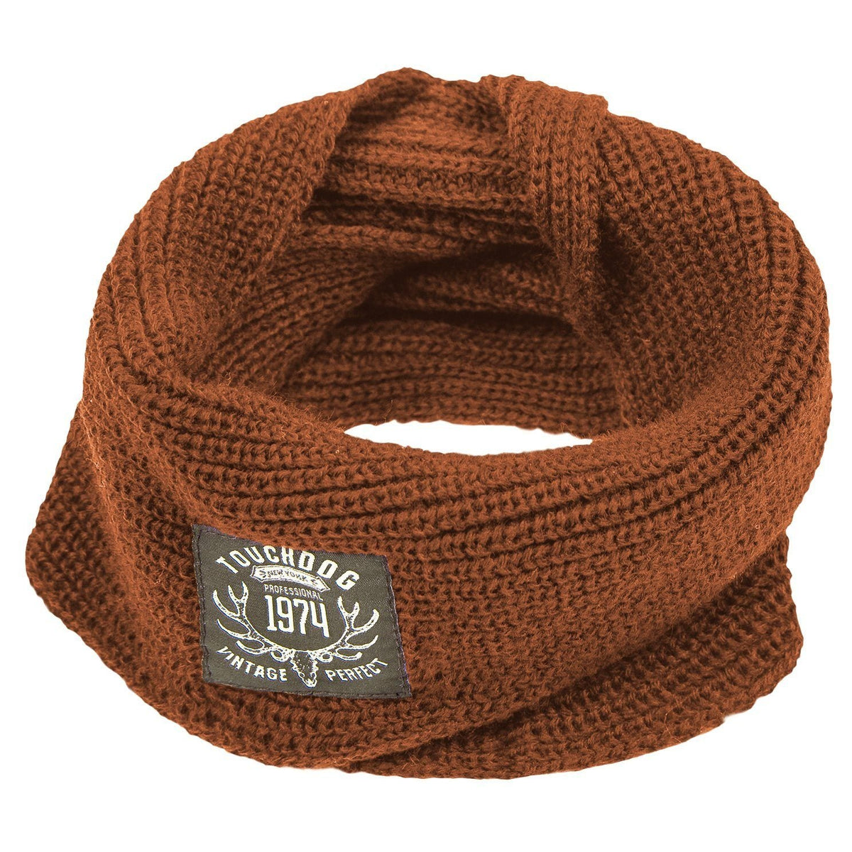 Touchdog brown knitted dog scarf with a woven logo patch
