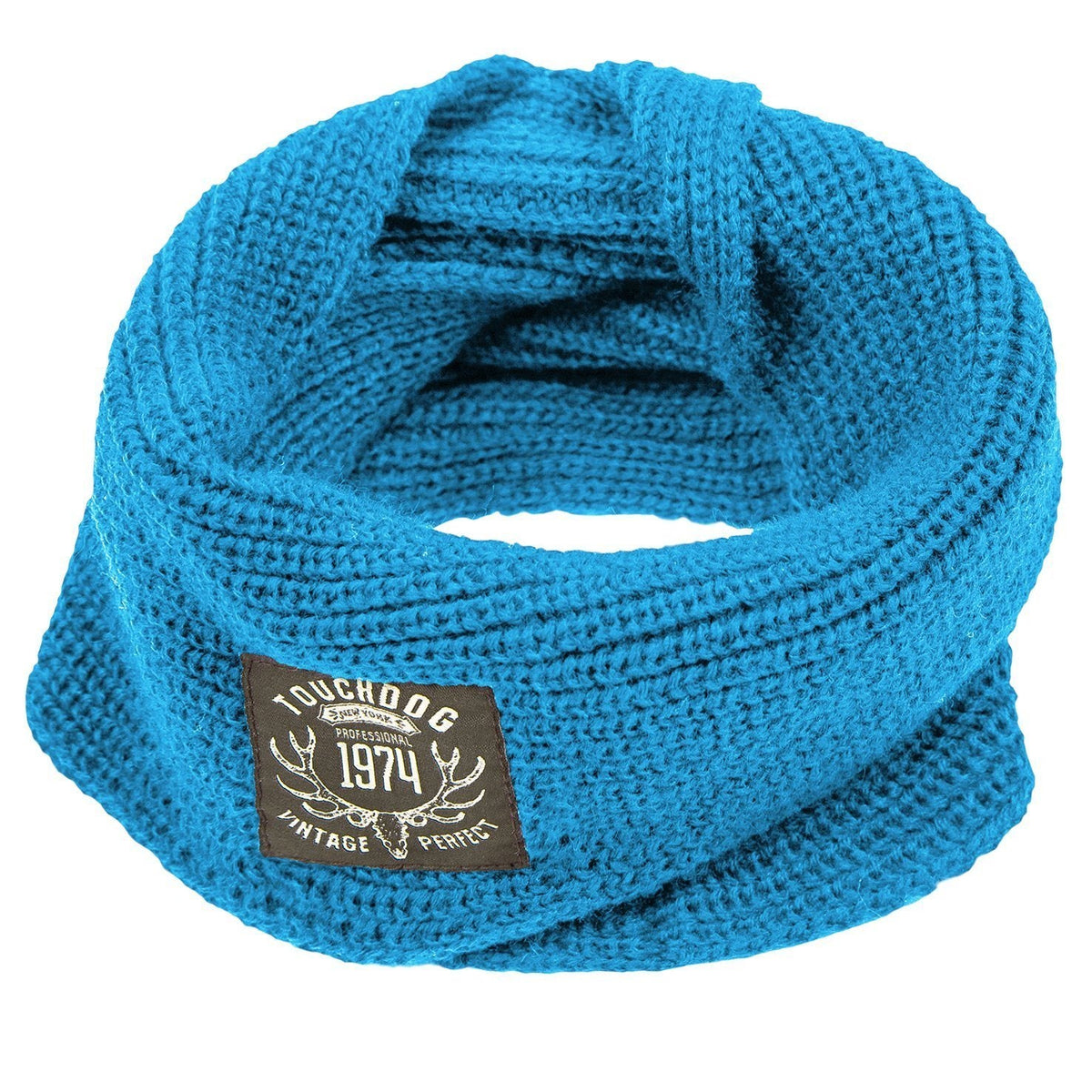 Touchdog blue knitted dog scarf with a woven logo patch