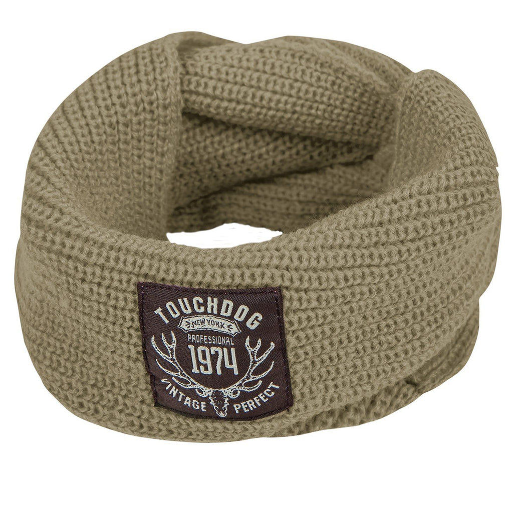 Touchdog khaki knitted dog scarf with a woven logo patch