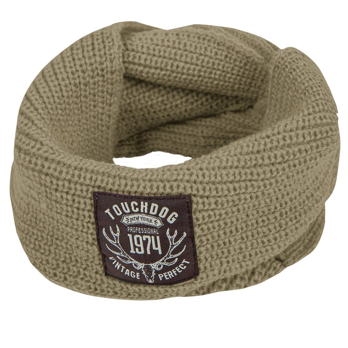 Touchdog khaki knitted dog scarf with a woven logo patch