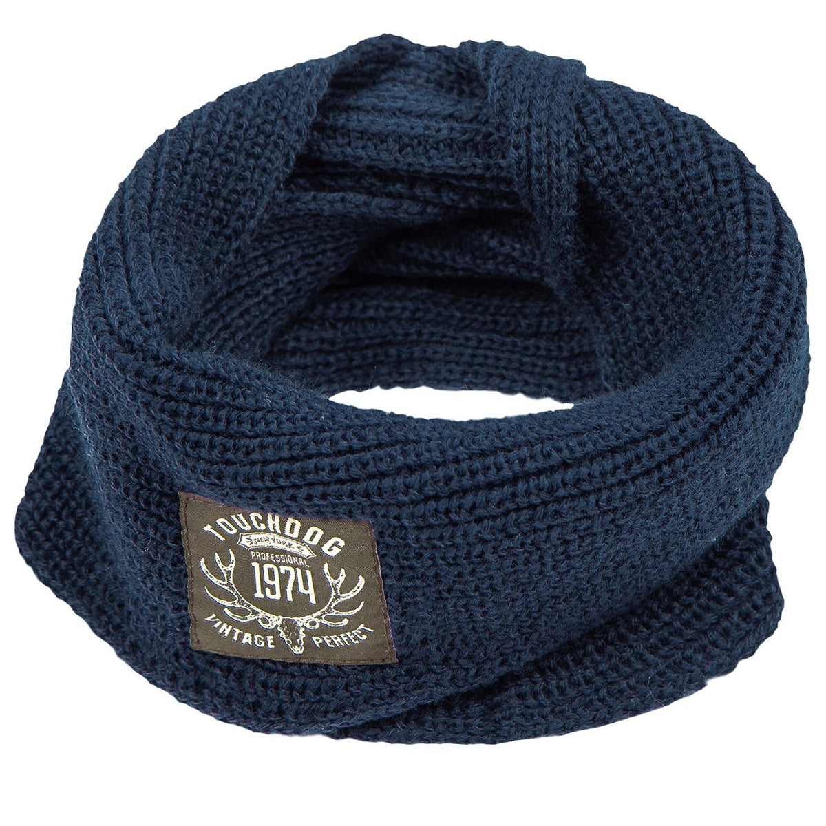Touchdog navy knitted dog scarf with a woven logo patch