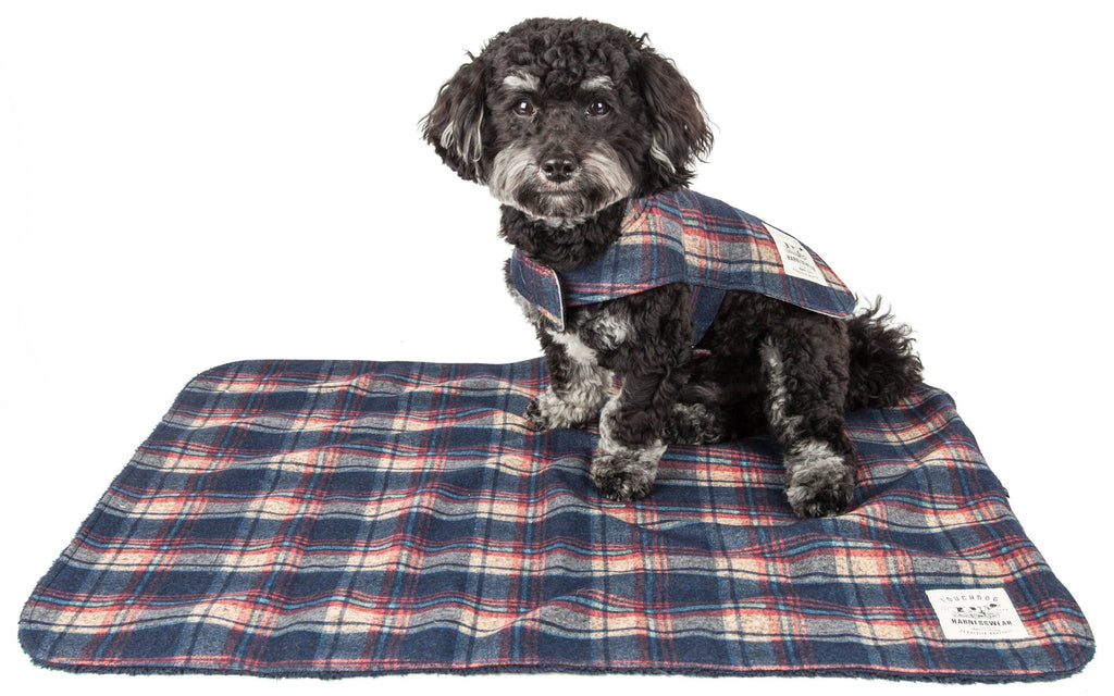Navy plaid dog jacket modeled with its matching tartan mat.