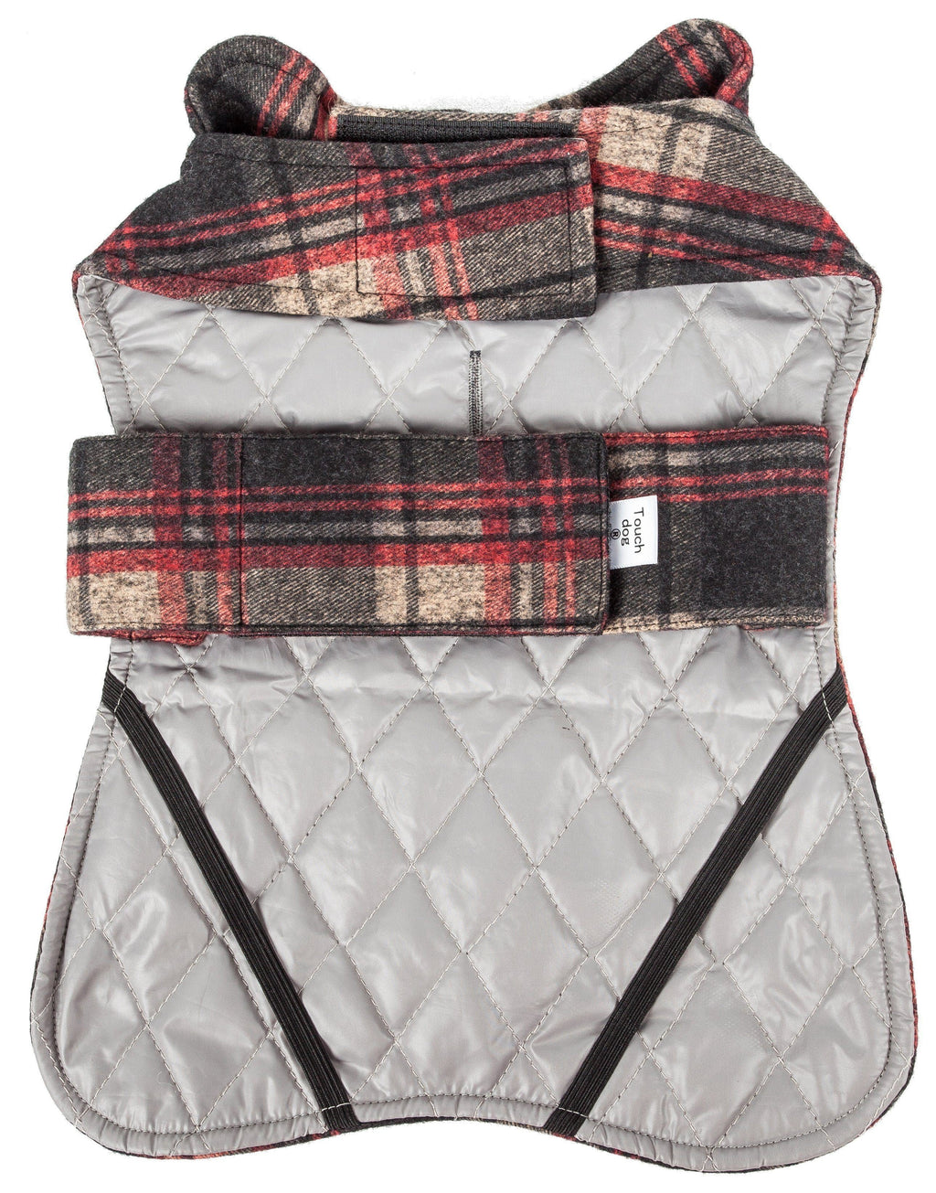 Dog jacket with red, charcoal, and beige tartan plaid and silver quilted lining