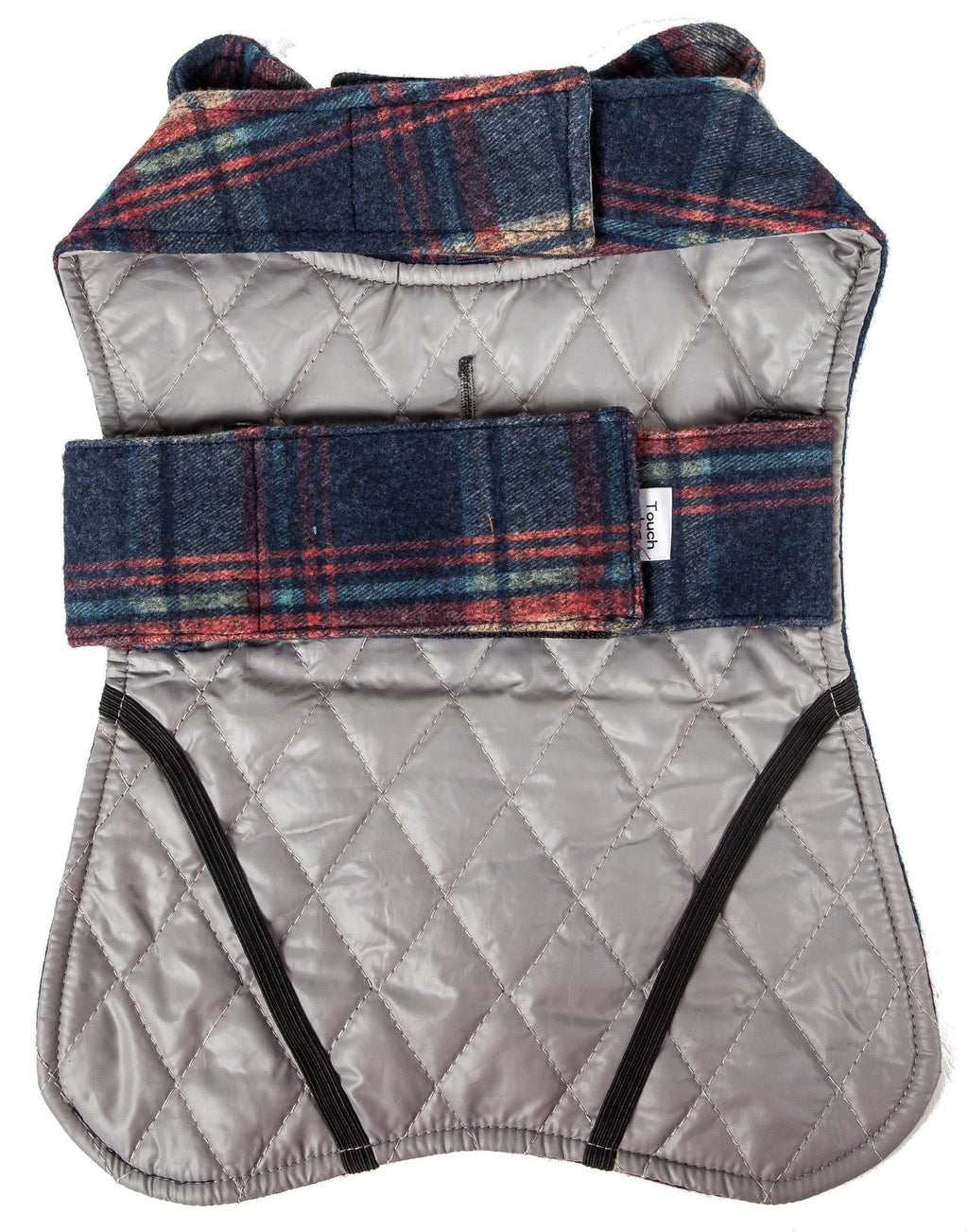 Dog jacket with navy and red tartan plaid, silver quilted lining, and adjustable belly strap