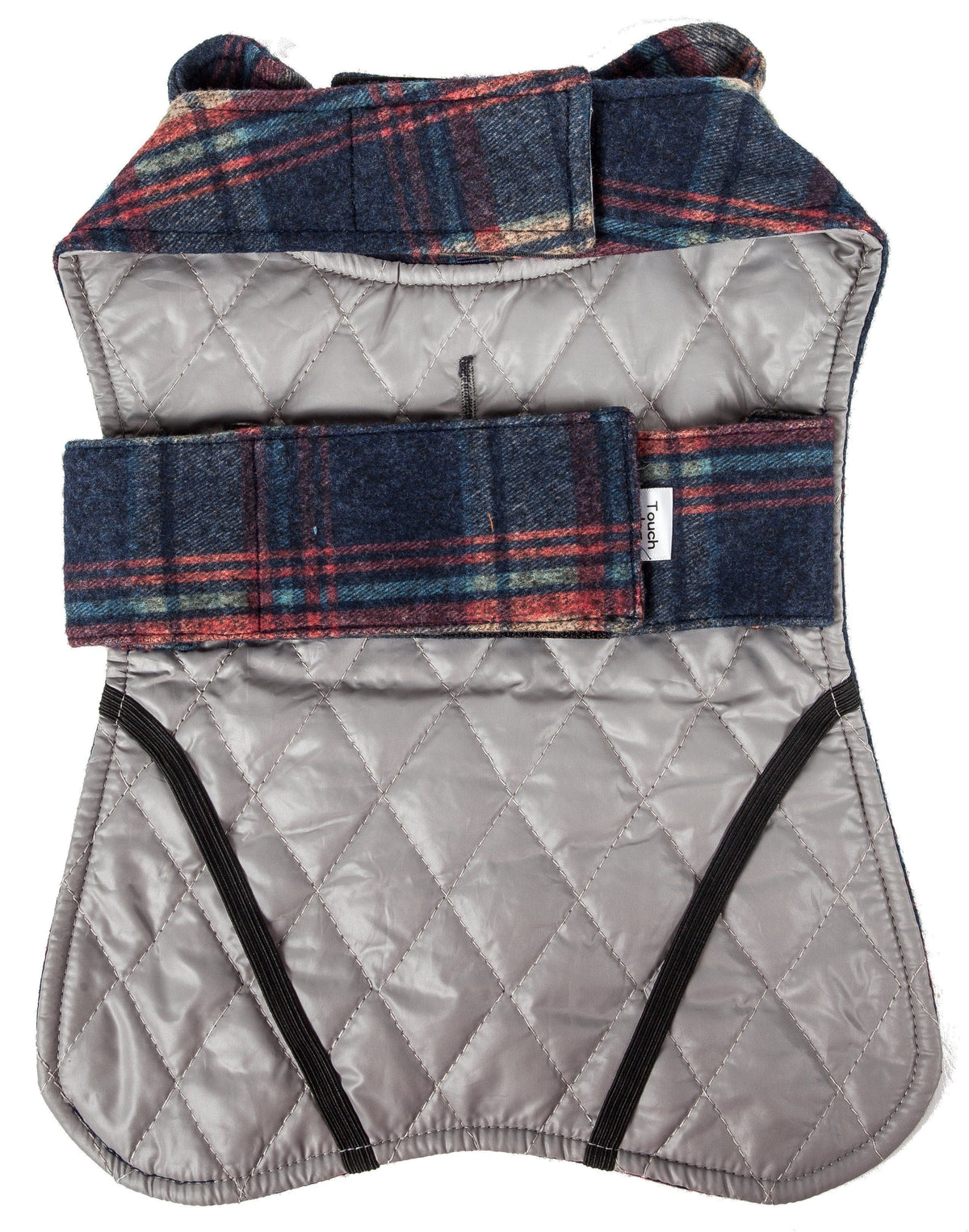 Dog jacket with navy and red tartan plaid, silver quilted lining, and adjustable belly strap