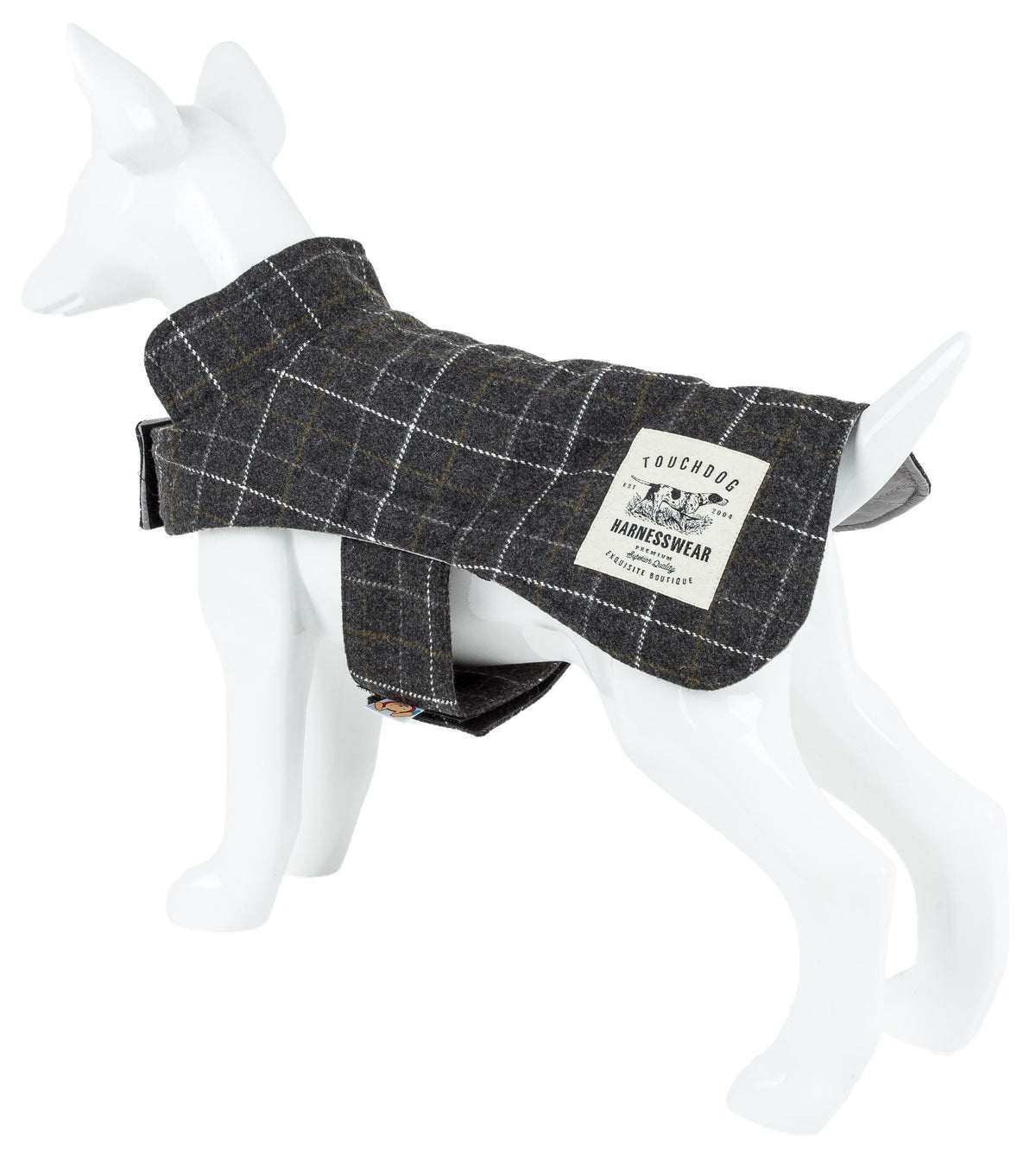 Touchdog dark gray windowpane plaid dog jacket shown on a mannequin