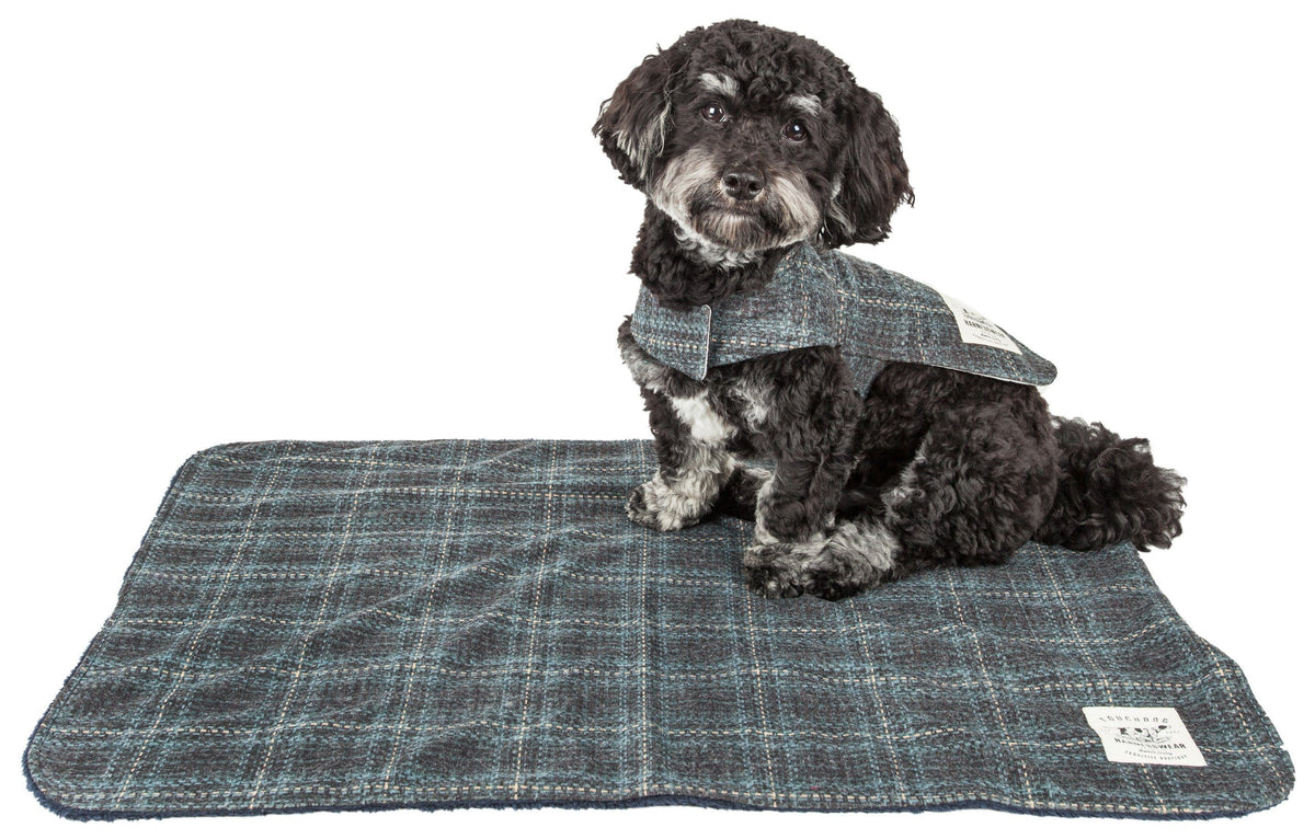 Touchdog plaid dog jacket and mat set, dog wearing the jacket while sitting on the matching mat