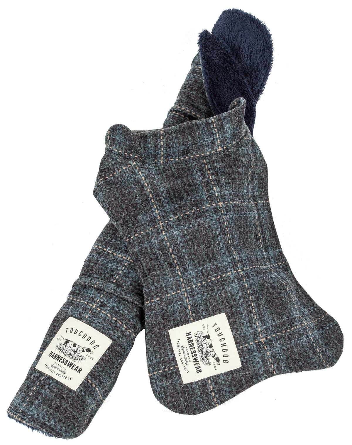 Touchdog plaid dog jacket and mat set, folded jacket showing plush navy lining and woven exterior