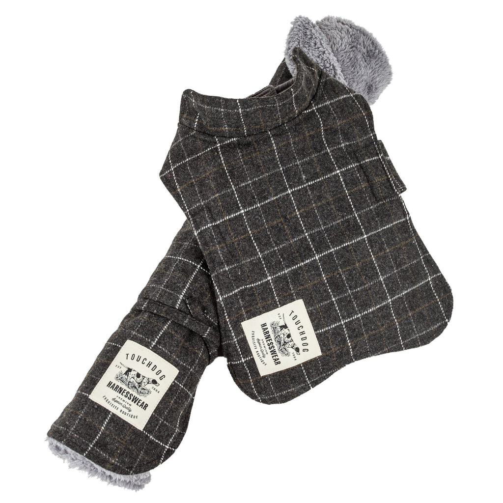 Touchdog dark gray windowpane plaid dog jacket with a soft fleece lining