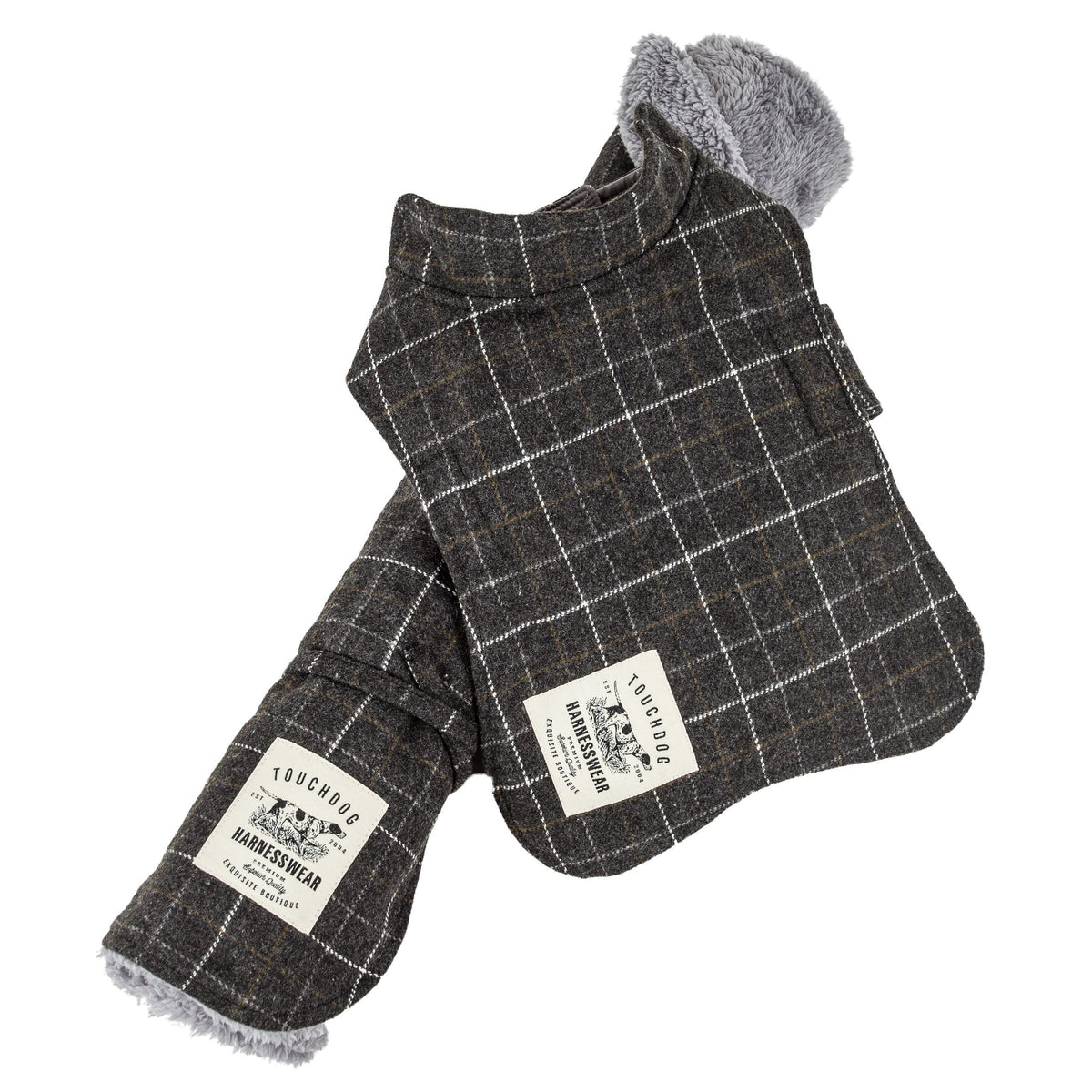 Touchdog dark gray windowpane plaid dog jacket with a soft fleece lining
