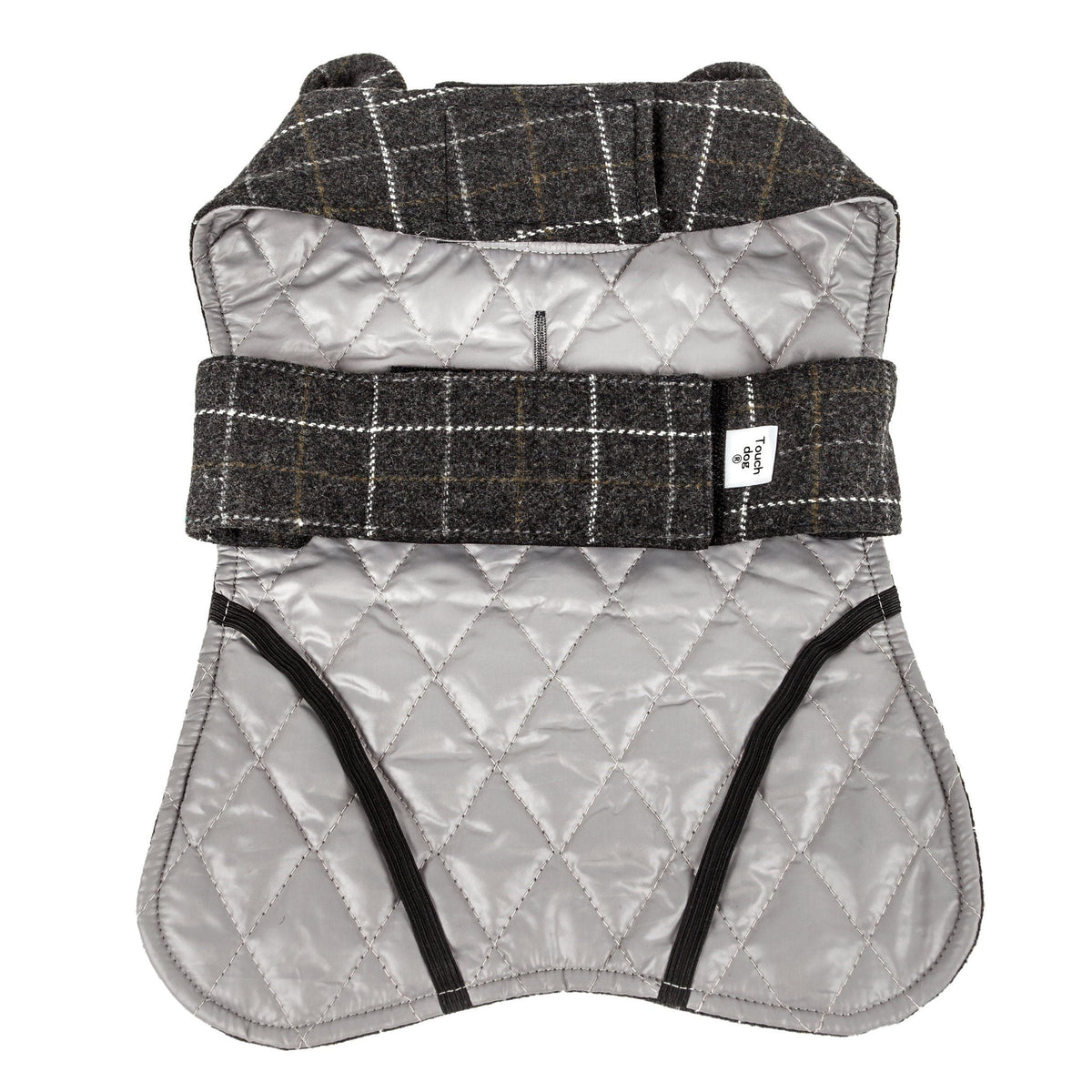 Dark gray plaid dog jacket with light gray quilted lining and adjustable straps
