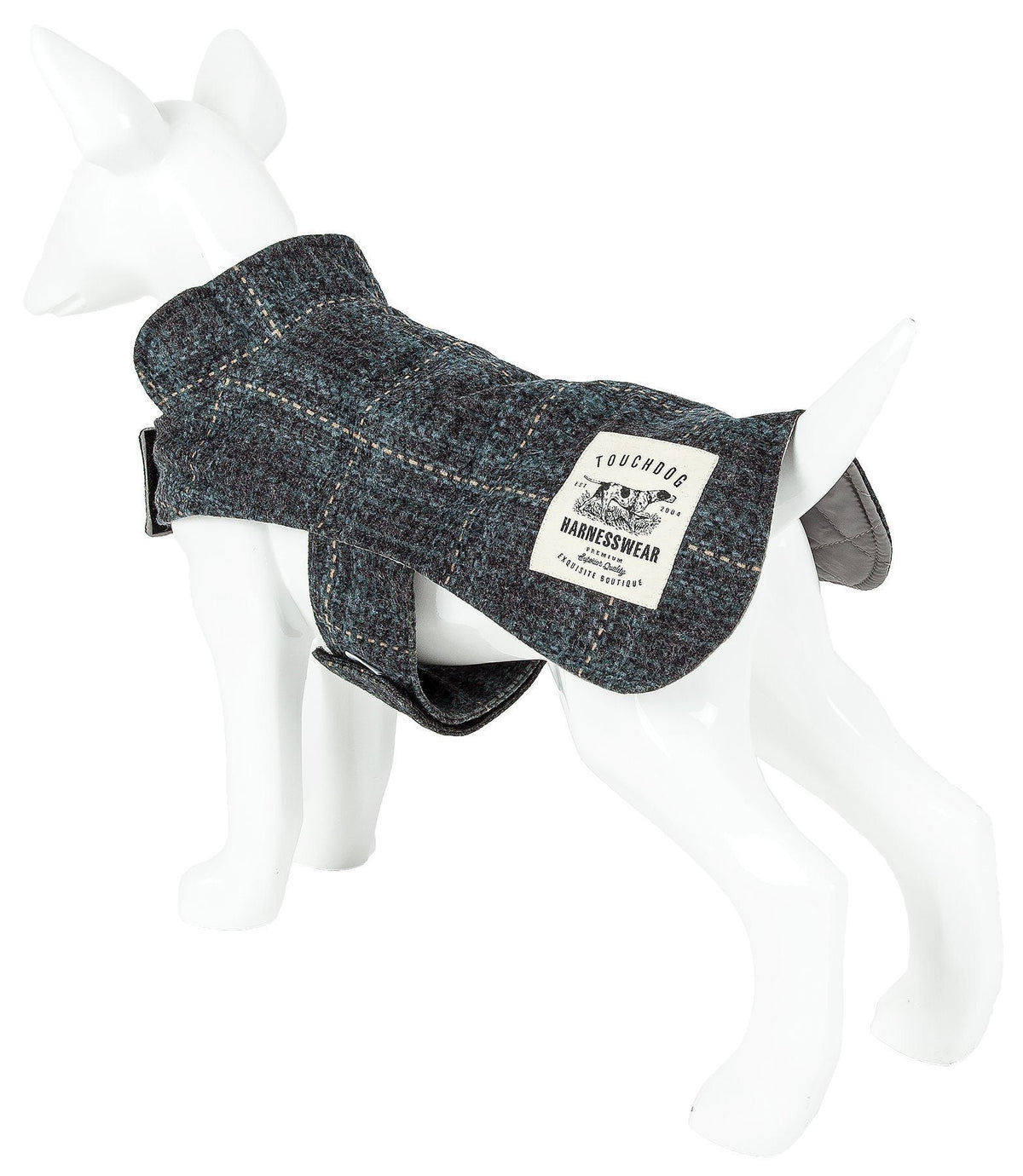Touchdog plaid dog jacket on a dog form, rear view showing the back panel and straps