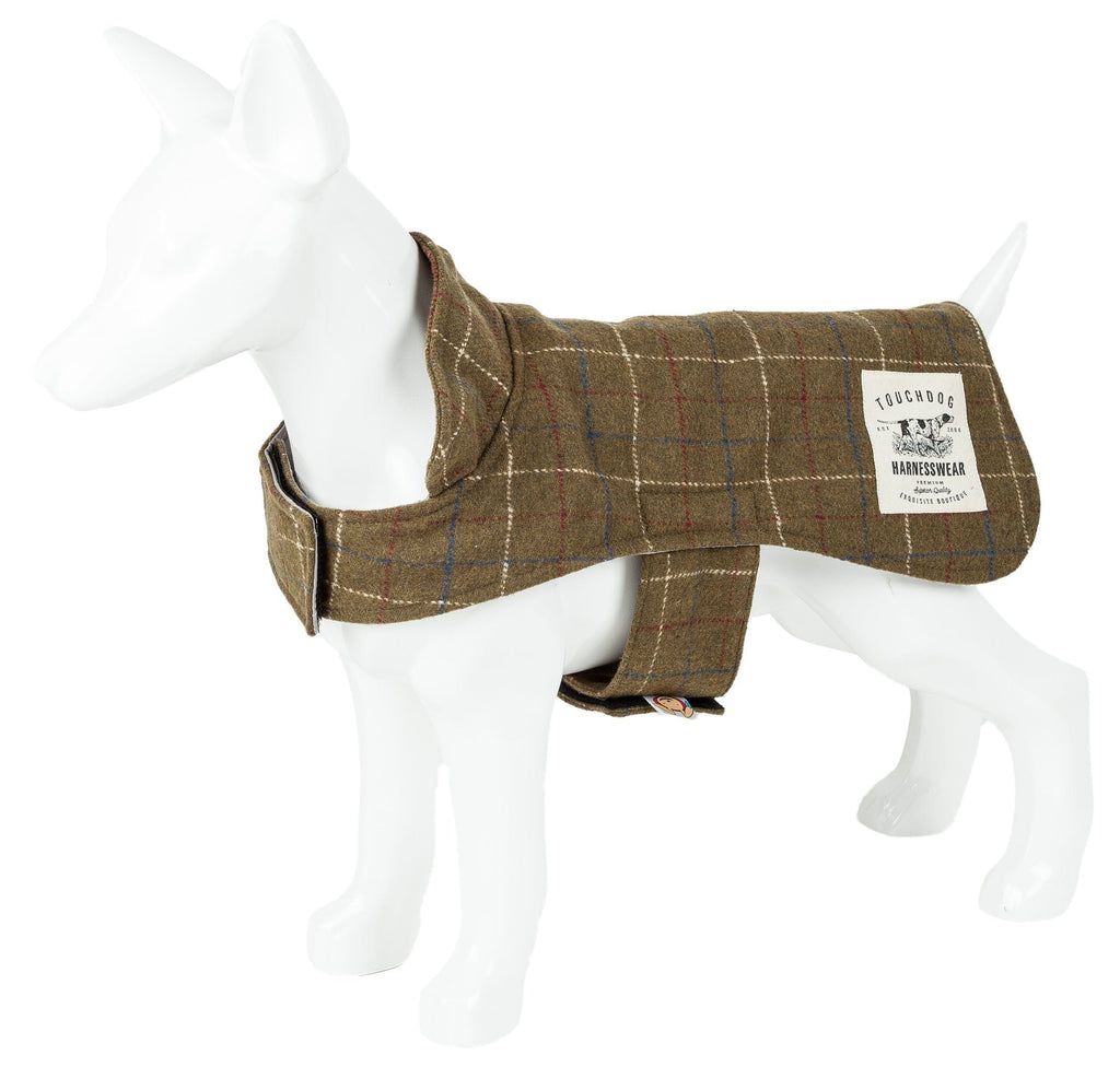 Olive windowpane plaid dog jacket shown on a mannequin