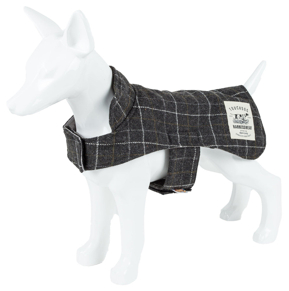 Dark gray windowpane plaid dog jacket shown on a mannequin