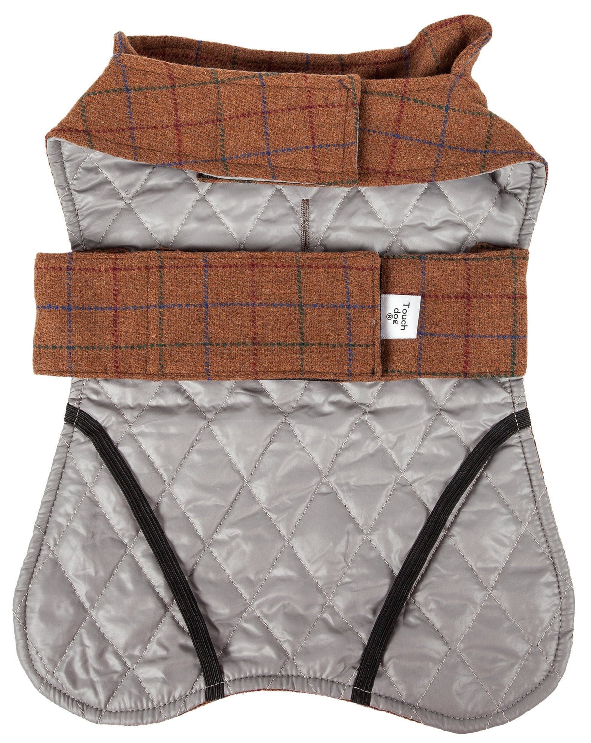 Brown plaid dog jacket with light gray quilted lining and adjustable straps