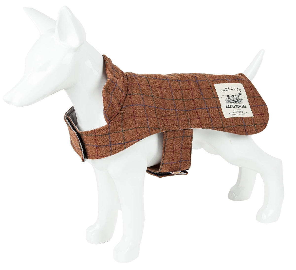 Brown windowpane plaid dog jacket shown on a mannequin