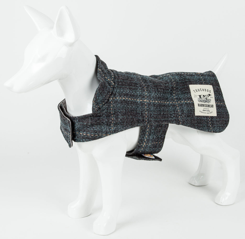 Touchdog windowpane plaid dog jacket on a dog form, side view with belly straps
