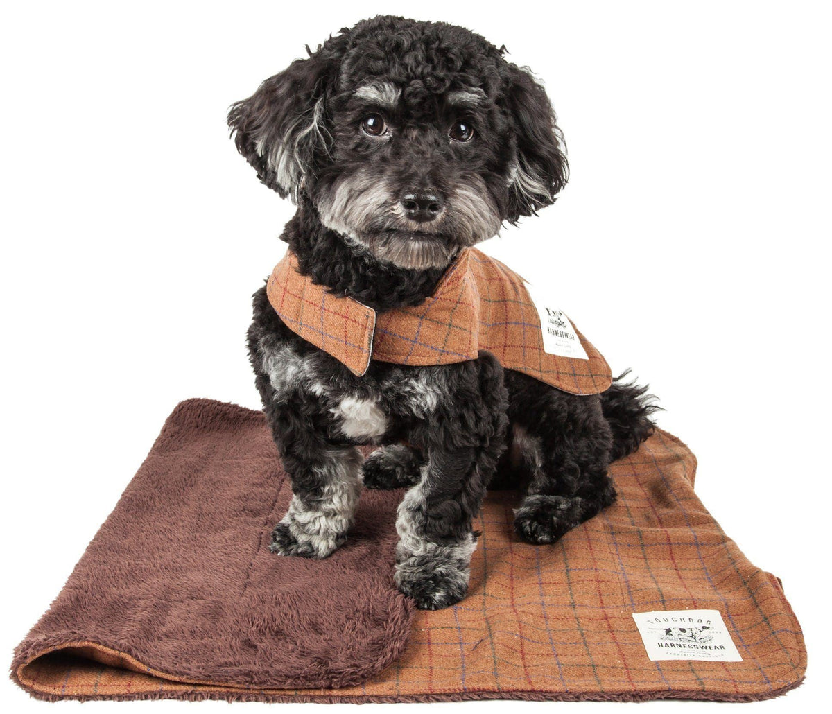 Touchdog brown plaid jacket and reversible mat with a soft fleece side