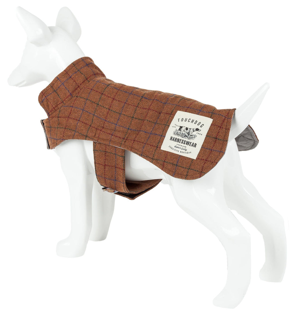 Touchdog brown windowpane plaid dog jacket shown on a mannequin