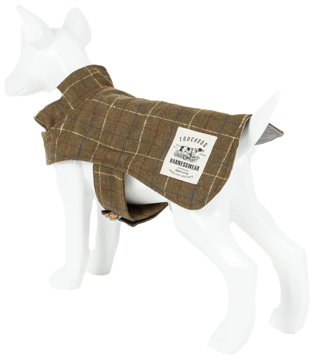 Touchdog olive plaid dog jacket shown on a mannequin