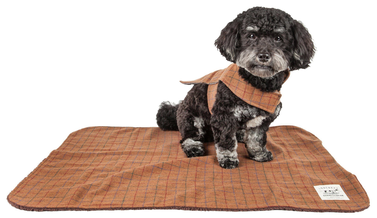 Touchdog brown plaid jacket and matching mat shown with a dog