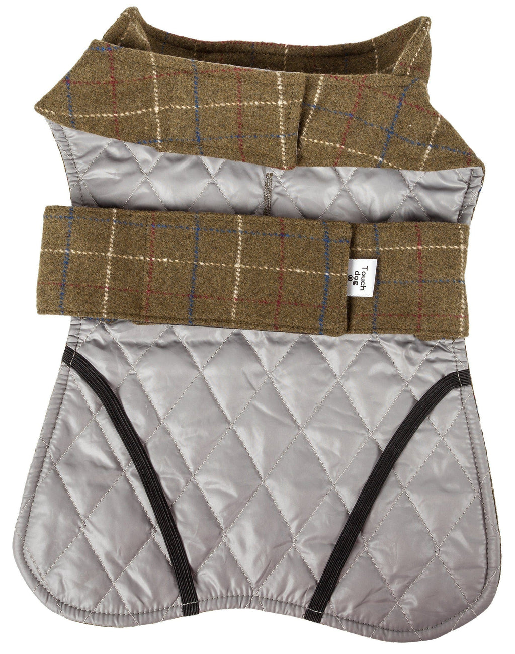 Olive plaid dog jacket with light gray quilted lining and adjustable straps