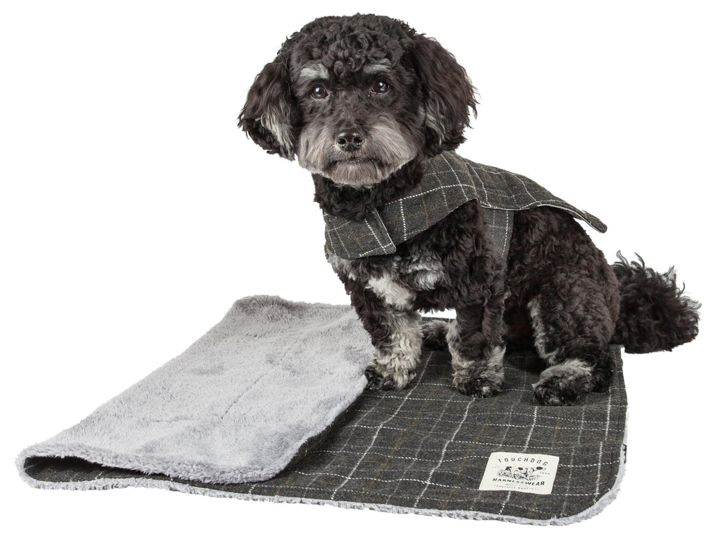 Touchdog dark gray plaid jacket and reversible fleece mat shown with a dog