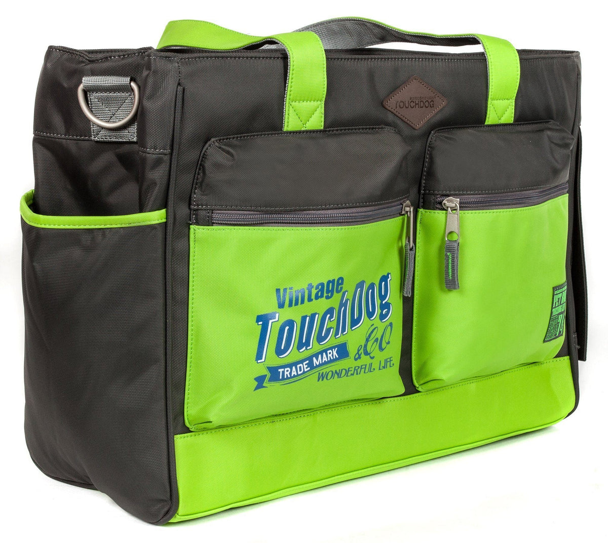 Touchdog black and lime green pet carrier with two zip pockets and side pocket