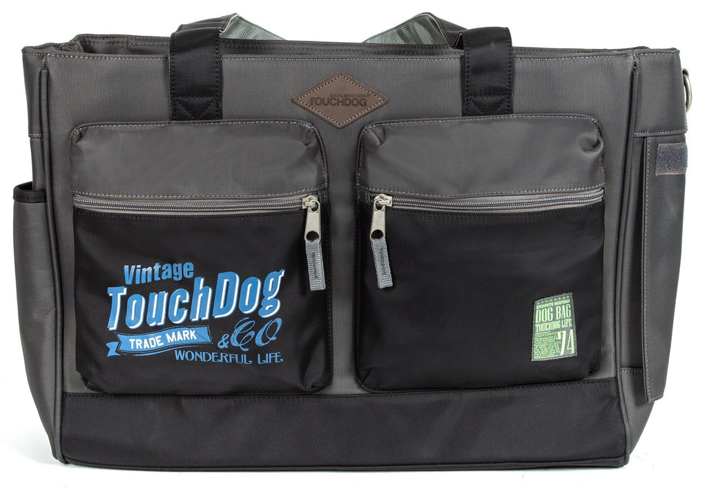 Touchdog black pet carrier with two large zip pockets and printed logo