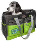 Touchdog black and lime green pet carrier with zip pockets and a dog inside