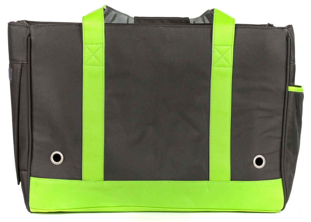 Touchdog black and lime green pet carrier back with two ventilation grommets